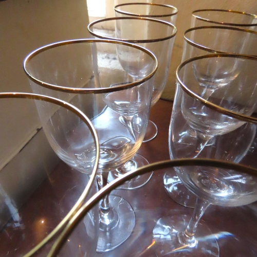 604 - Set of Eight Vintage Gilt Rimmed Crystal Wine Glasses Pedestal Form