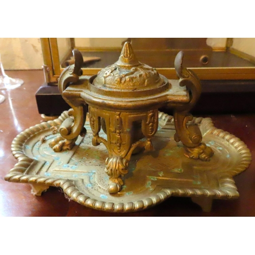 605 - Antique Ormolu Desk Ink Well with Cover Approximately 8 Inches Wide