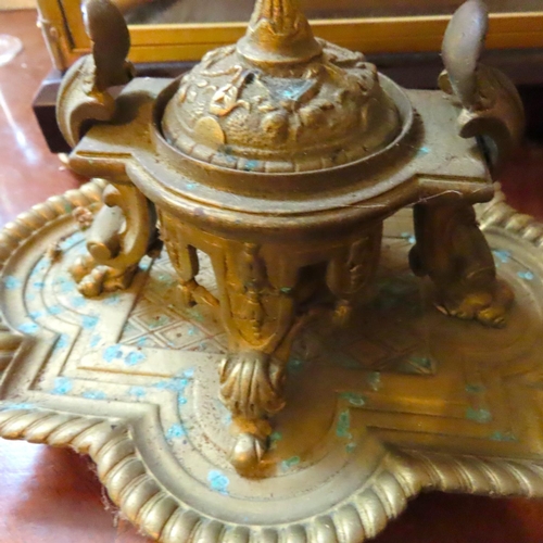 605 - Antique Ormolu Desk Ink Well with Cover Approximately 8 Inches Wide