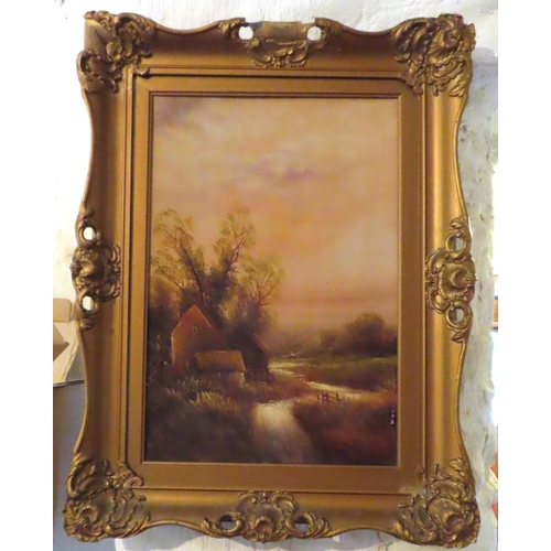 609 - Gilt Framed Oil Painting River Scene with Building Approximately 22 Inches High x 14 Inches Wide