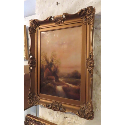 609 - Gilt Framed Oil Painting River Scene with Building Approximately 22 Inches High x 14 Inches Wide