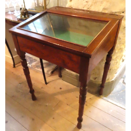 Pitch Pine School Desk Now Converted for Use as Curio Cabinet with Green Baize Lined Interior Inset Glass Panel Above Turned Supports Approximately 20 Inches Wide