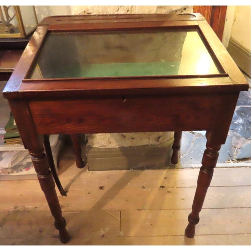 610 - Pitch Pine School Desk Now Converted for Use as Curio Cabinet with Green Baize Lined Interior Inset ... 