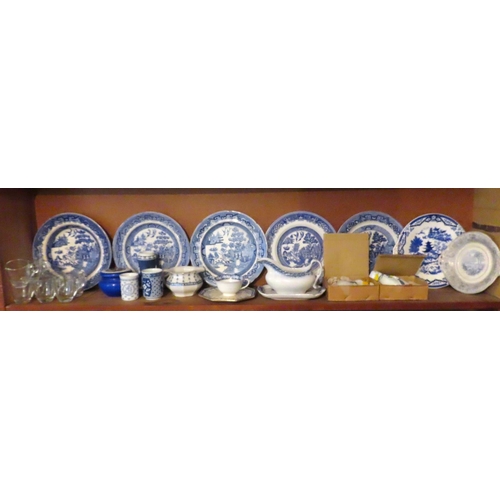 618 - Shelf of Various Porcelain etc Including Willow Pattern Plates and Sauce Boat Quantity as Photograph... 