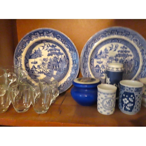 618 - Shelf of Various Porcelain etc Including Willow Pattern Plates and Sauce Boat Quantity as Photograph... 