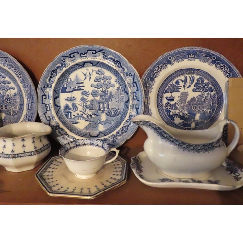 618 - Shelf of Various Porcelain etc Including Willow Pattern Plates and Sauce Boat Quantity as Photograph... 