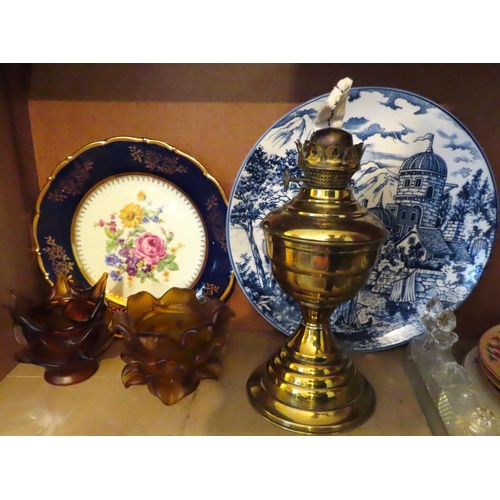 619 - Shelf of Various Items Porcelain and Others Including Cast Brass Oil Lamp Quantity as Photographed