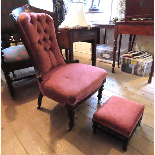 624 - Victorian Deep Buttoned Upholstered Mahogany Framed Ladies Drawing Room Chair with Upholstered Foots... 