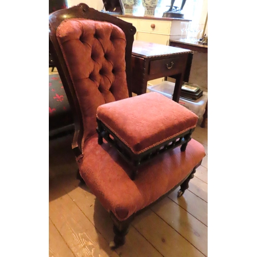 624 - Victorian Deep Buttoned Upholstered Mahogany Framed Ladies Drawing Room Chair with Upholstered Foots... 