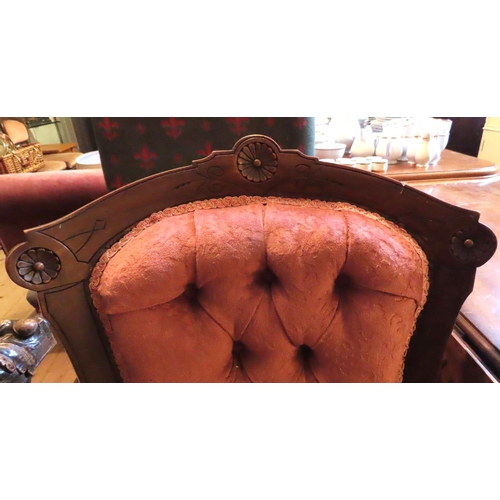 624 - Victorian Deep Buttoned Upholstered Mahogany Framed Ladies Drawing Room Chair with Upholstered Foots... 