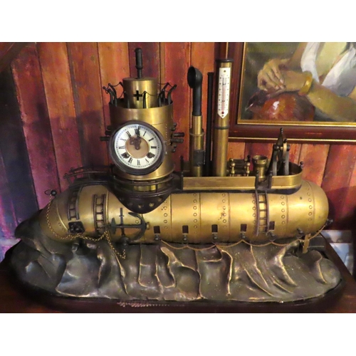 629 - Unusual Submarine Motif Clock Attractively Detailed Approximately 32 Inches Wide