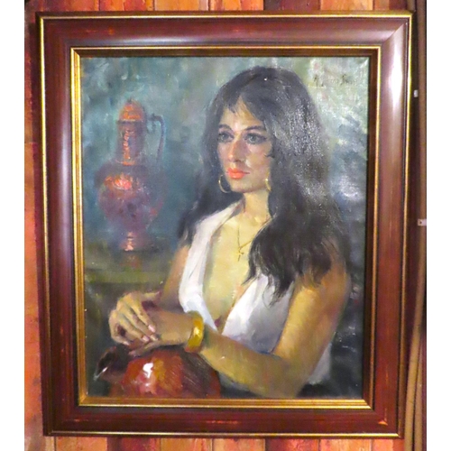 631 - Continental School Portrait of Lady with Vase Oil on Canvas 24 Inches High x 20 Inches Wide