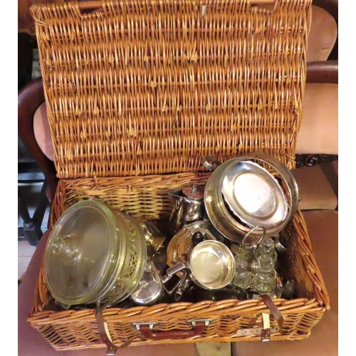 632 - Collection of Various Silver Plate Contained Within Wicker Picnic Basket Quantity as Photographed