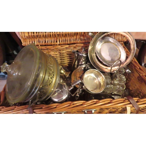 632 - Collection of Various Silver Plate Contained Within Wicker Picnic Basket Quantity as Photographed