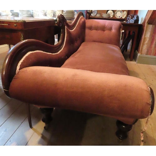 633 - Irish William IV Mahogany Framed Chaise Lounge Deep Buttoned Upholstered Back Above Turned Supports ... 