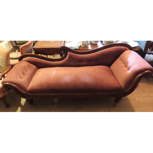 633 - Irish William IV Mahogany Framed Chaise Lounge Deep Buttoned Upholstered Back Above Turned Supports ... 