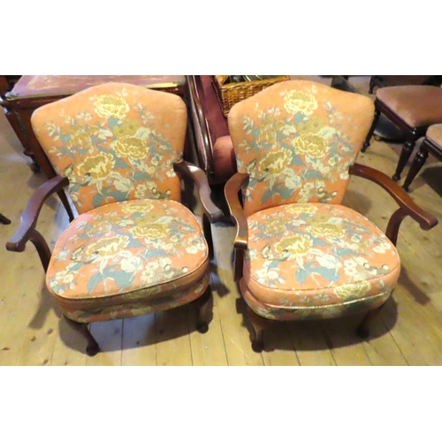 635 - Pair of Vintage Floral Fabric Upholstered Easy Armchairs