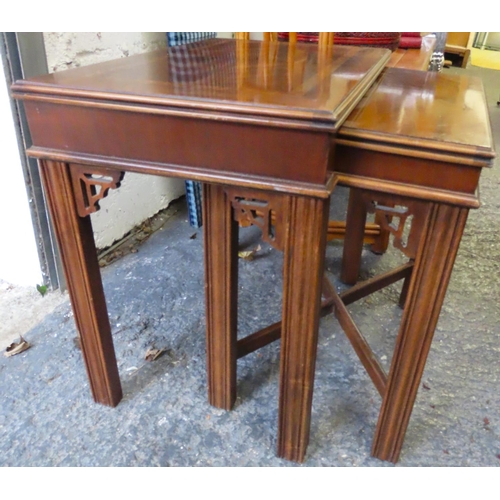 64 - Pair of Mahogany Occasional Tables Graduated Form Cross Bounded Decoration Largest Approximately 22 ... 