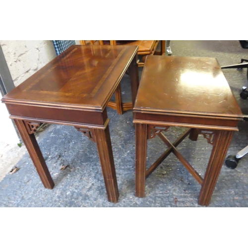 64 - Pair of Mahogany Occasional Tables Graduated Form Cross Bounded Decoration Largest Approximately 22 ... 