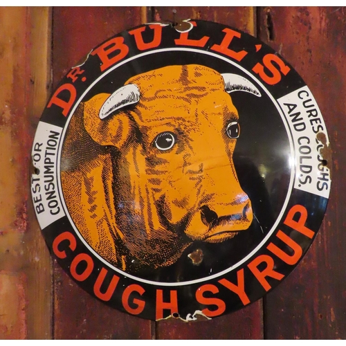 642 - Shop Advertising Sign Dr Bulls Cough Syrup Enamel on Metal Circular Approximately 11 Inches Diameter