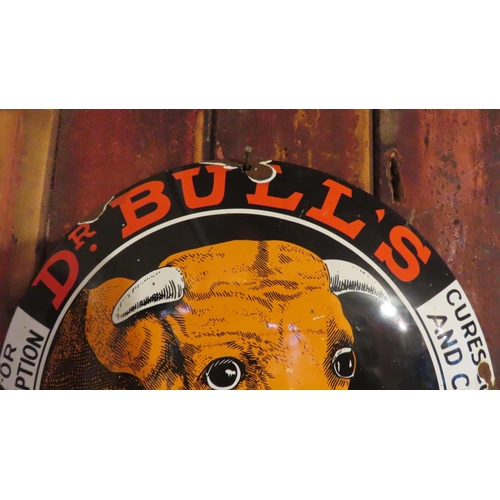 642 - Shop Advertising Sign Dr Bulls Cough Syrup Enamel on Metal Circular Approximately 11 Inches Diameter