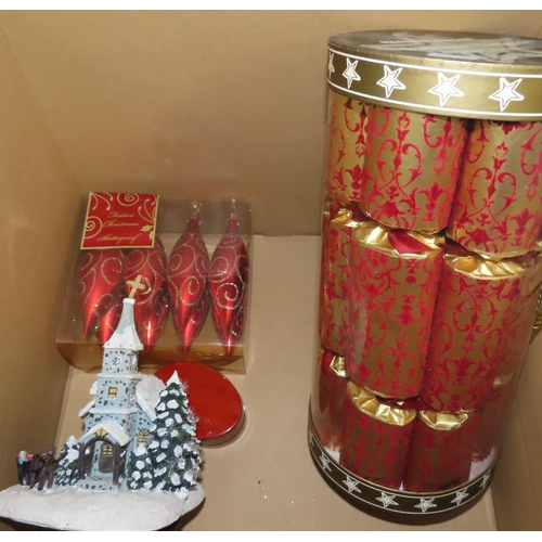 65 - Box Containing Various Christmas Decoration Items Including Christmas Crackers