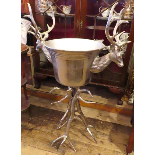 650 - Chrome Plated Stag Antler Motif Decorated Wine Bottle Ice Bucket Free Standing Generous Form Approxi... 