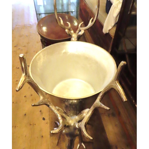 650 - Chrome Plated Stag Antler Motif Decorated Wine Bottle Ice Bucket Free Standing Generous Form Approxi... 