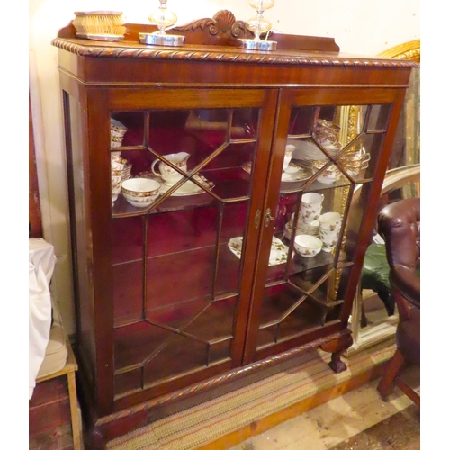 654 - Antique Mahogany Astral Glazed Two Door Display Cabinet Plate Glass Shelves above Claw and Ball Supp... 