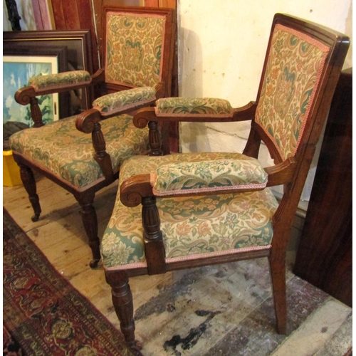 661 - Pair of Antique Generous Form Armchairs Needle Point Upholstery of Turned and Reeded Supports