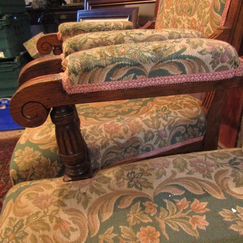 661 - Pair of Antique Generous Form Armchairs Needle Point Upholstery of Turned and Reeded Supports