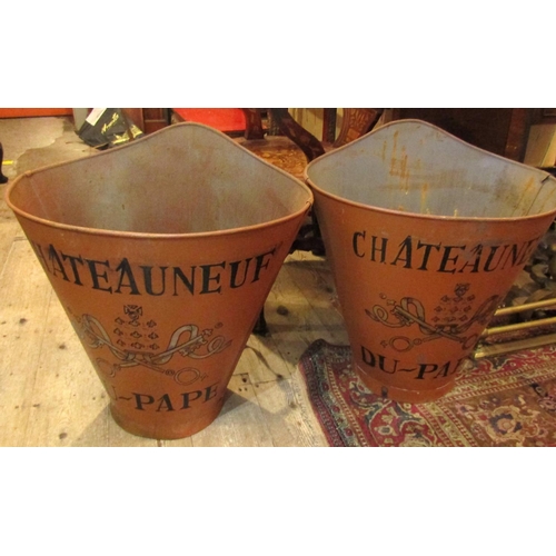 663 - Chateauneuf Du Pape Pair of Metal Wine Grape Gathering Bins Tapering Form Polychrome Decorated Each ... 