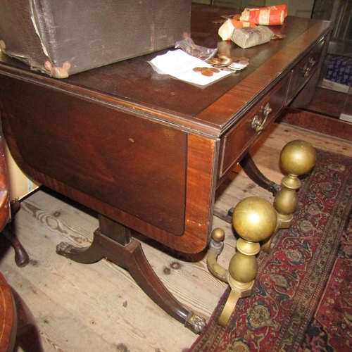 669 - Figured Mahogany Sofa Table Twin Drawers Satinwood with Crossbounded Decoration above Lyre End Suppo... 