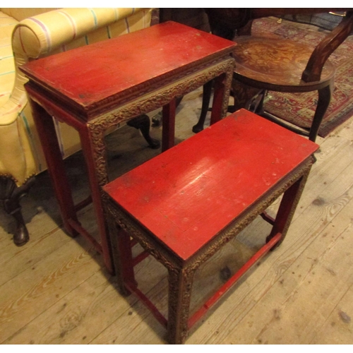 671 - Antique Red Lacquer Work Rectangular Form Occasional or End Table and Another Matching Smaller Each ... 