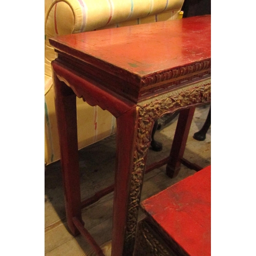 671 - Antique Red Lacquer Work Rectangular Form Occasional or End Table and Another Matching Smaller Each ... 