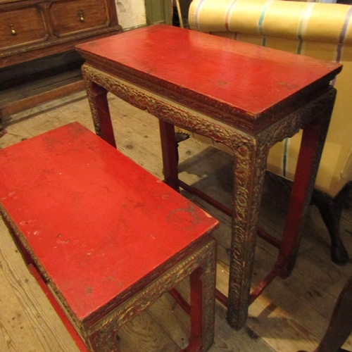 671 - Antique Red Lacquer Work Rectangular Form Occasional or End Table and Another Matching Smaller Each ... 