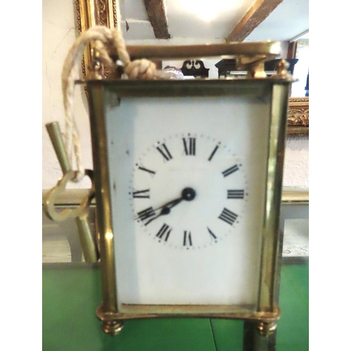 73 - Brass Band Carriage Clock with Carry Handle and Key Present Roman Numerical Decorated Dial