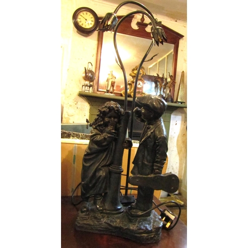 760 - Genesis Bronze Table Lamp of Young Musician and Laughing Girl Electrified Working Order Shades Lacki... 