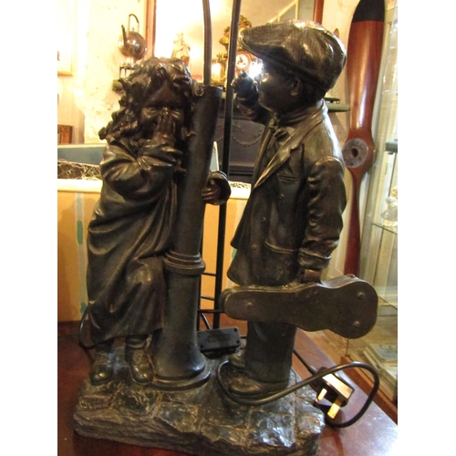 760 - Genesis Bronze Table Lamp of Young Musician and Laughing Girl Electrified Working Order Shades Lacki... 