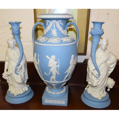 77 - Wedgwood Urn with Pair of Wedgwood Candle Rests Figural Decorated Urn Approximately 14 Inches High