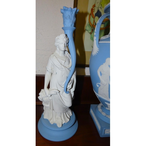 77 - Wedgwood Urn with Pair of Wedgwood Candle Rests Figural Decorated Urn Approximately 14 Inches High