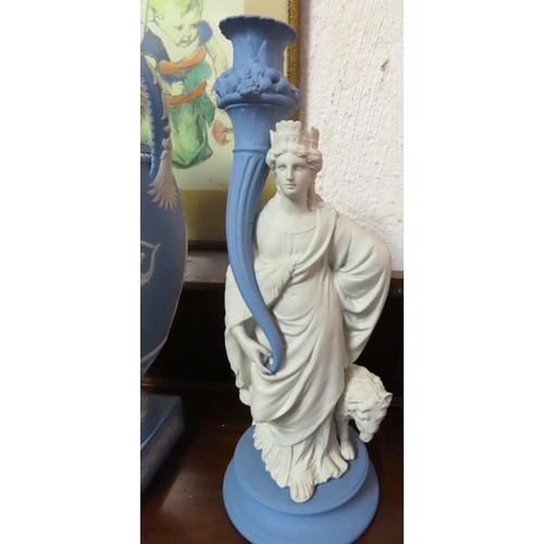 77 - Wedgwood Urn with Pair of Wedgwood Candle Rests Figural Decorated Urn Approximately 14 Inches High