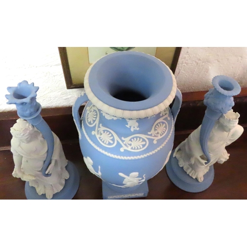 77 - Wedgwood Urn with Pair of Wedgwood Candle Rests Figural Decorated Urn Approximately 14 Inches High