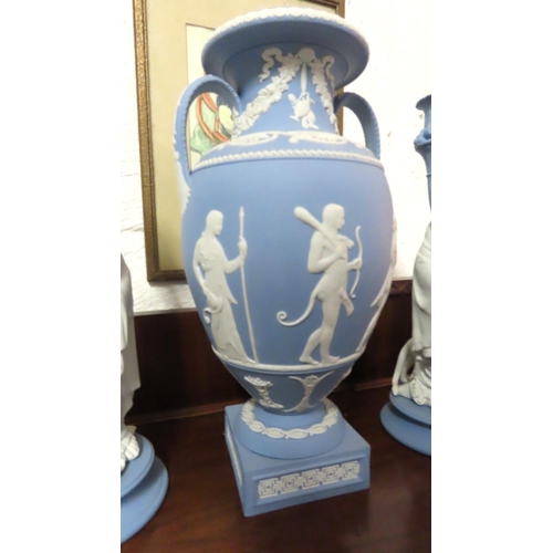 77 - Wedgwood Urn with Pair of Wedgwood Candle Rests Figural Decorated Urn Approximately 14 Inches High