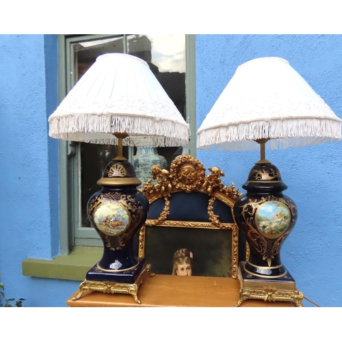 880 - Pair of Fine Porcelain Ormolu Mounted Table Lamps with Pleated Shades Electrified Working Order Each... 