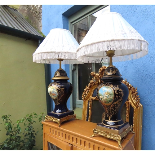 880 - Pair of Fine Porcelain Ormolu Mounted Table Lamps with Pleated Shades Electrified Working Order Each... 