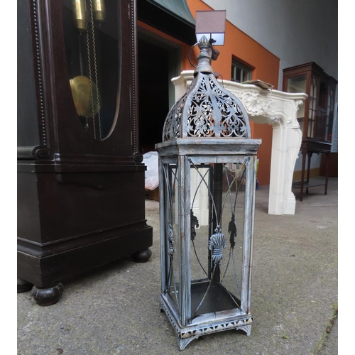 881 - Candle Lantern Shaped Form Pierced Upper Decoration Inset Glass Panels Approximately 26 Inches High