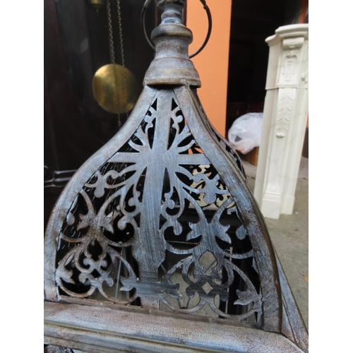 881 - Candle Lantern Shaped Form Pierced Upper Decoration Inset Glass Panels Approximately 26 Inches High