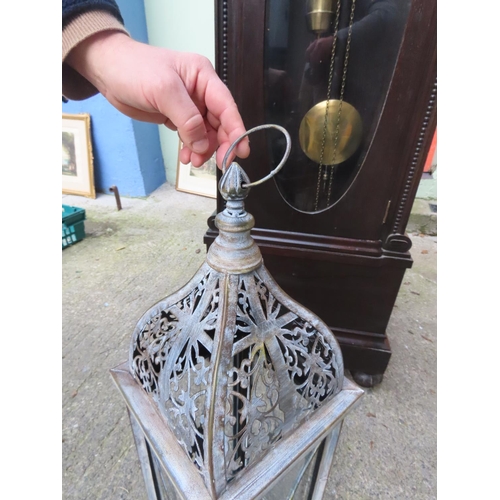 881 - Candle Lantern Shaped Form Pierced Upper Decoration Inset Glass Panels Approximately 26 Inches High