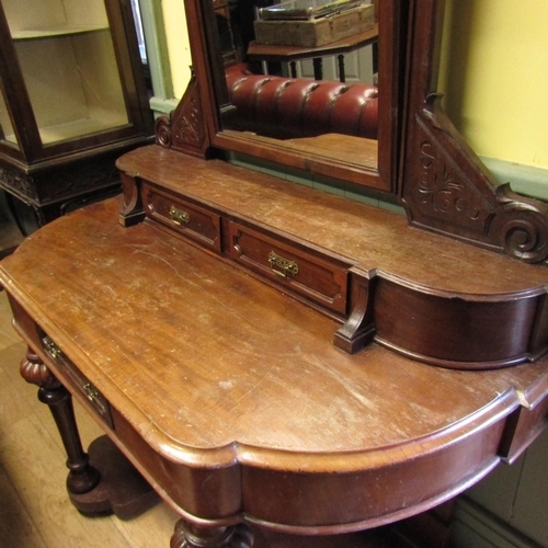 885 - Victorian Mahogany Duchess Dressing Table Inset Mirror Twin Drawers Above Turned and Reeded Supports... 